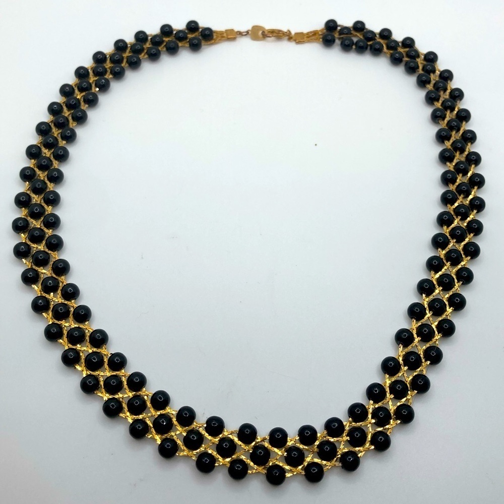 Vtg Gold Tone Black Ball Bead Woven / Braided / Intertwined Chain Necklace 20”